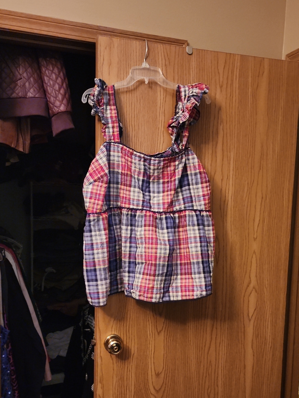Belle + Isle Plaid Ruffle-Strap Tank in Pink, Blue & Cream